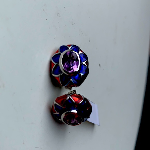 Sterling silver, purple gem, and enamel earrings. - Picture 2 of 5